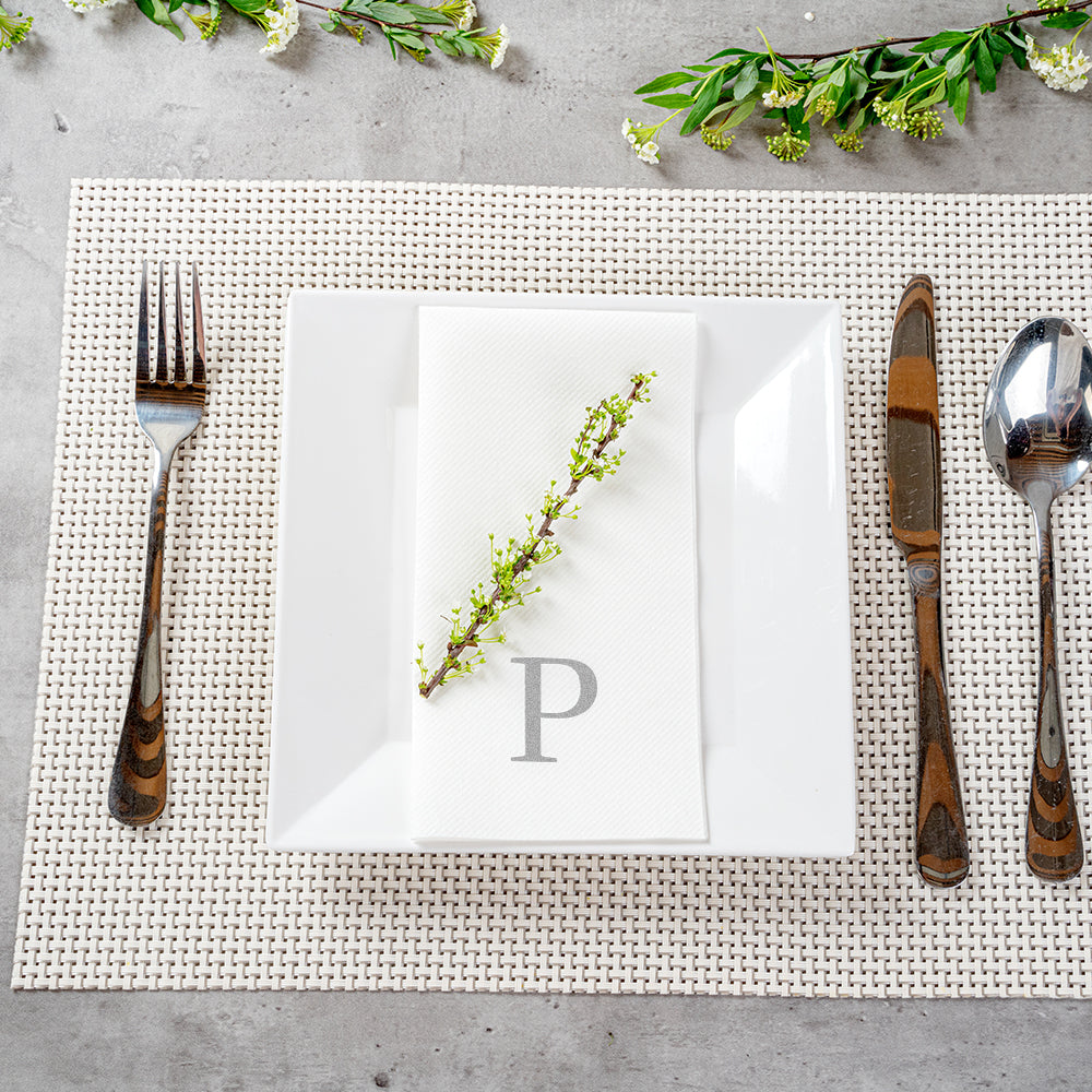 Luxenap Rectangle Silver Letter P White Paper Linen-Feel Guest Towel / Napkin - Air Laid, Sans Serif Font - 15 3/4" x 8" - 50 count box