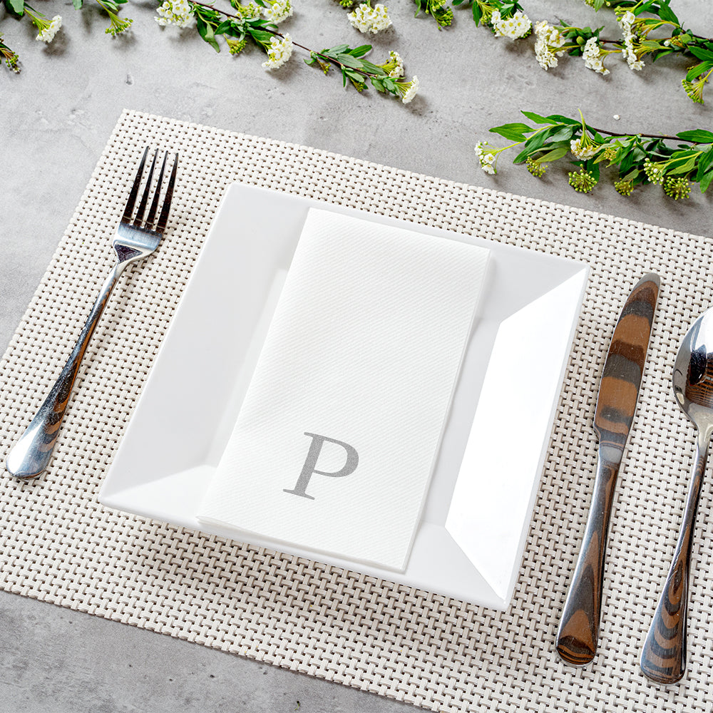 Luxenap Rectangle Silver Letter P White Paper Linen-Feel Guest Towel / Napkin - Air Laid, Sans Serif Font - 15 3/4" x 8" - 50 count box