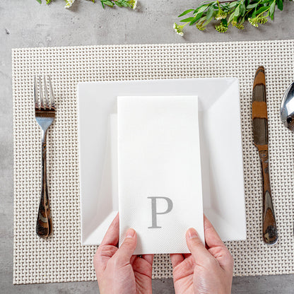 Luxenap Rectangle Silver Letter P White Paper Linen-Feel Guest Towel / Napkin - Air Laid, Sans Serif Font - 15 3/4" x 8" - 50 count box