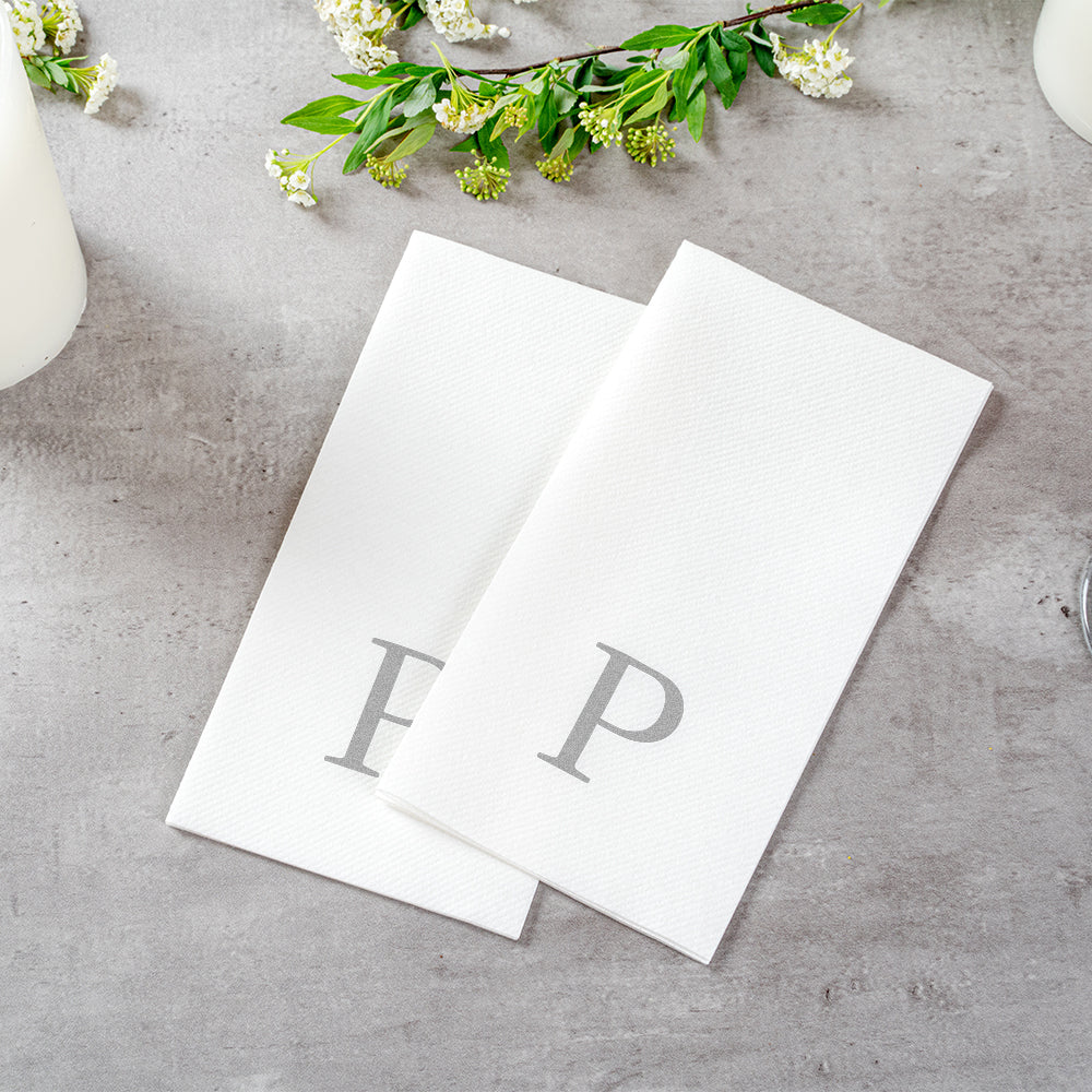 Luxenap Rectangle Silver Letter P White Paper Linen-Feel Guest Towel / Napkin - Air Laid, Sans Serif Font - 15 3/4" x 8" - 50 count box