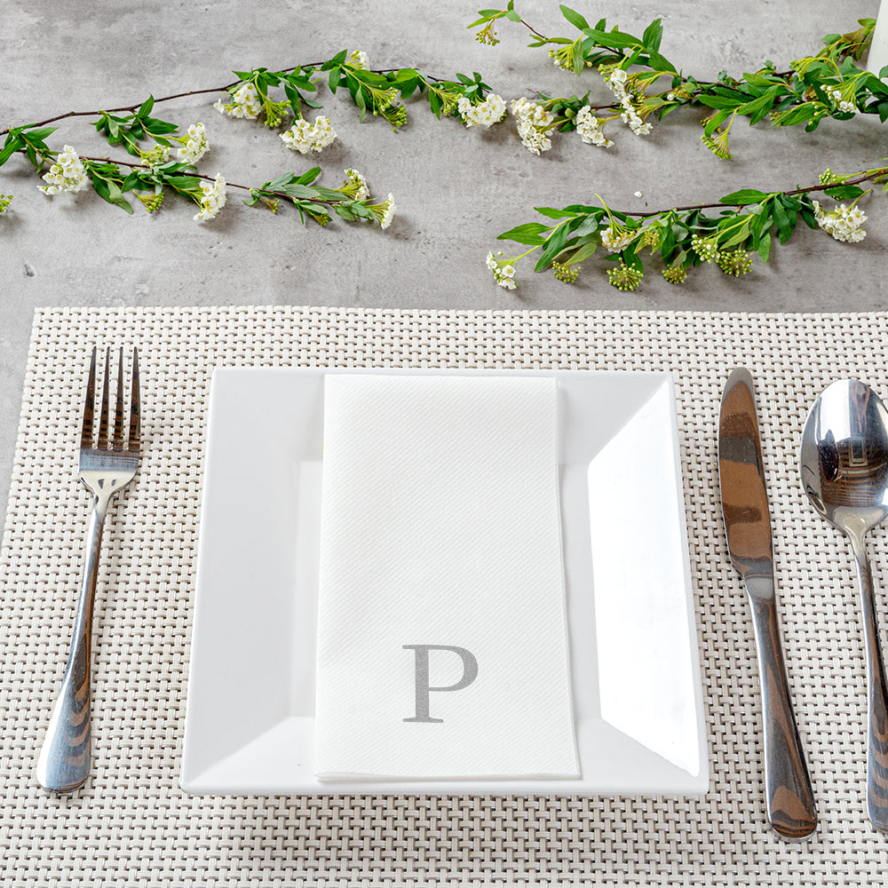Luxenap Rectangle Silver Letter P White Paper Linen-Feel Guest Towel / Napkin - Air Laid, Sans Serif Font - 15 3/4" x 8" - 50 count box