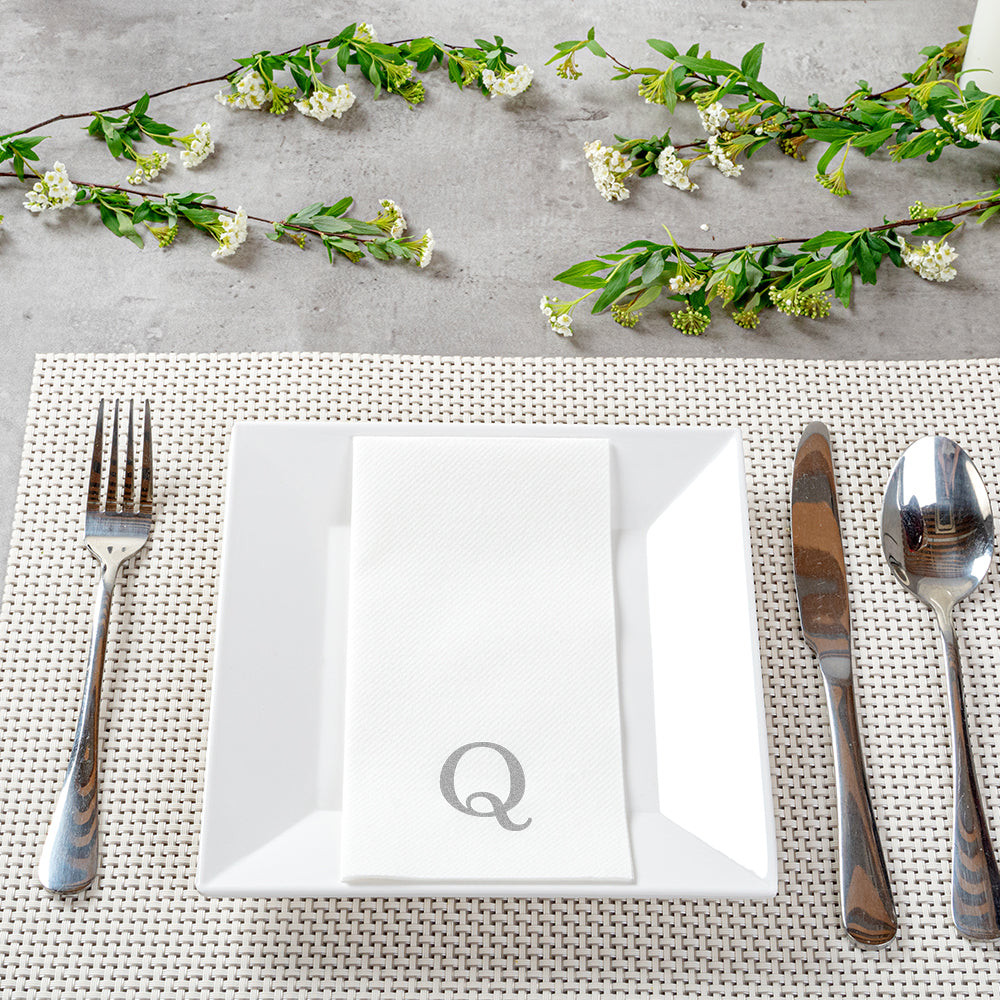 Luxenap Rectangle Silver Letter Q White Paper Linen-Feel Guest Towel / Napkin - Air Laid, Sans Serif Font - 15 3/4" x 8" - 50 count box