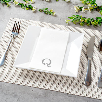 Luxenap Rectangle Silver Letter Q White Paper Linen-Feel Guest Towel / Napkin - Air Laid, Sans Serif Font - 15 3/4" x 8" - 50 count box