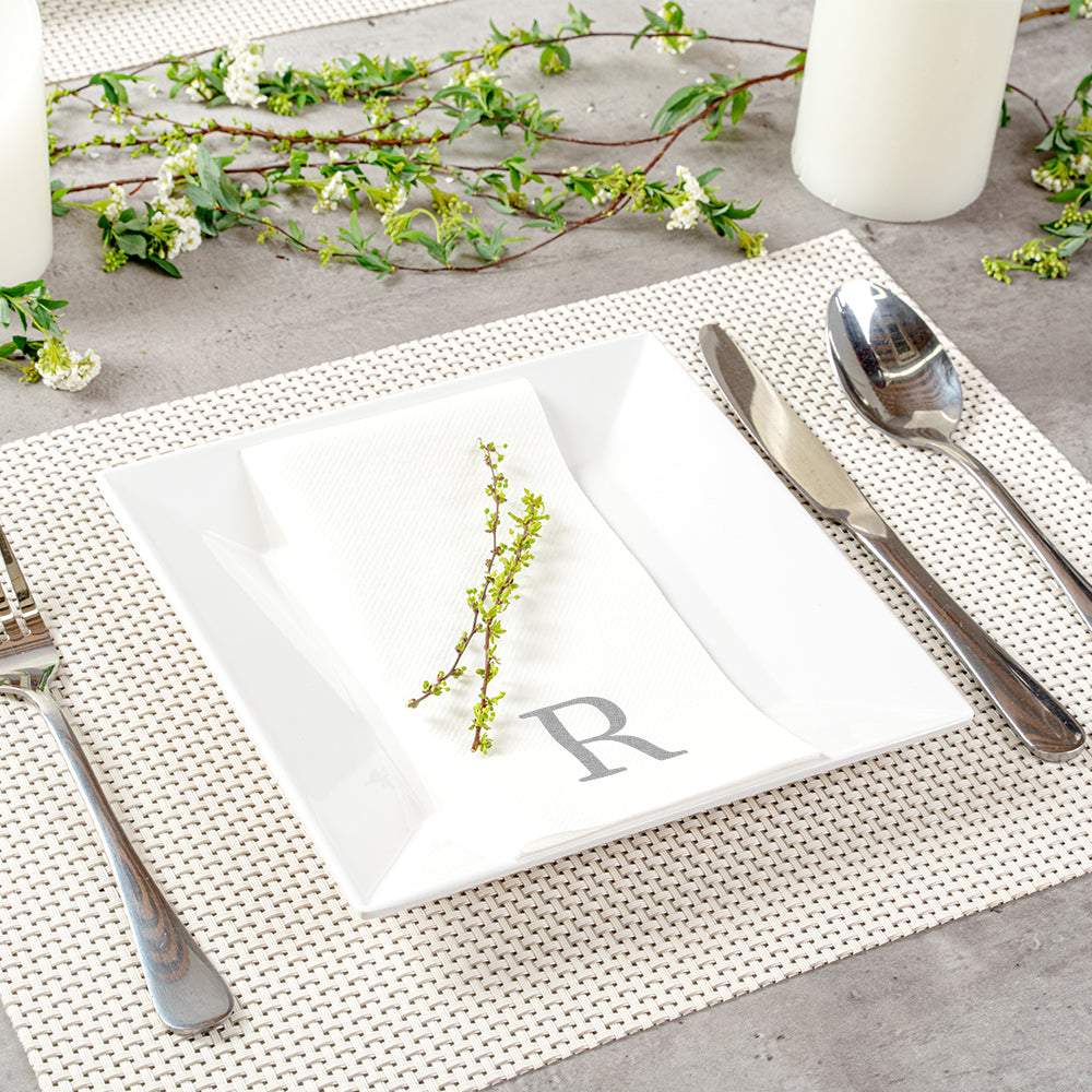 Luxenap Rectangle Silver Letter R White Paper Linen-Feel Guest Towel / Napkin - Air Laid, Sans Serif Font - 15 3/4" x 8" - 2000 count box