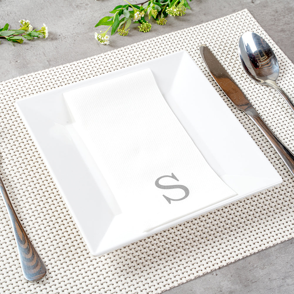 Luxenap Rectangle Silver Letter S White Paper Linen-Feel Guest Towel / Napkin - Air Laid, Sans Serif Font - 15 3/4" x 8" - 50 count box