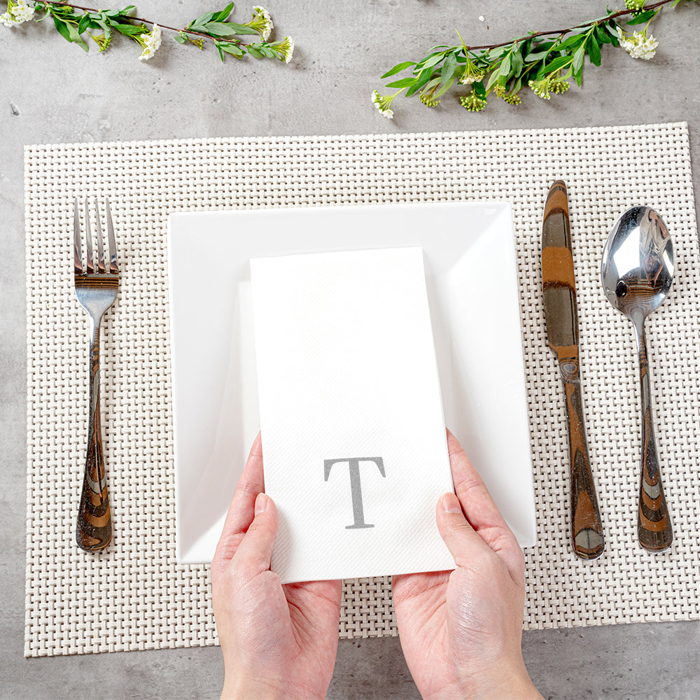 Luxenap Rectangle Silver Letter T White Paper Linen-Feel Guest Towel / Napkin - Air Laid, Sans Serif Font - 15 3/4" x 8" - 50 count box