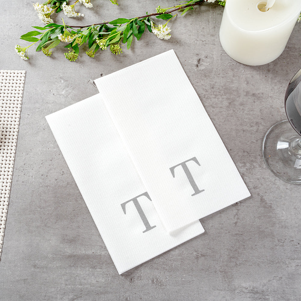 Luxenap Rectangle Silver Letter T White Paper Linen-Feel Guest Towel / Napkin - Air Laid, Sans Serif Font - 15 3/4" x 8" - 50 count box