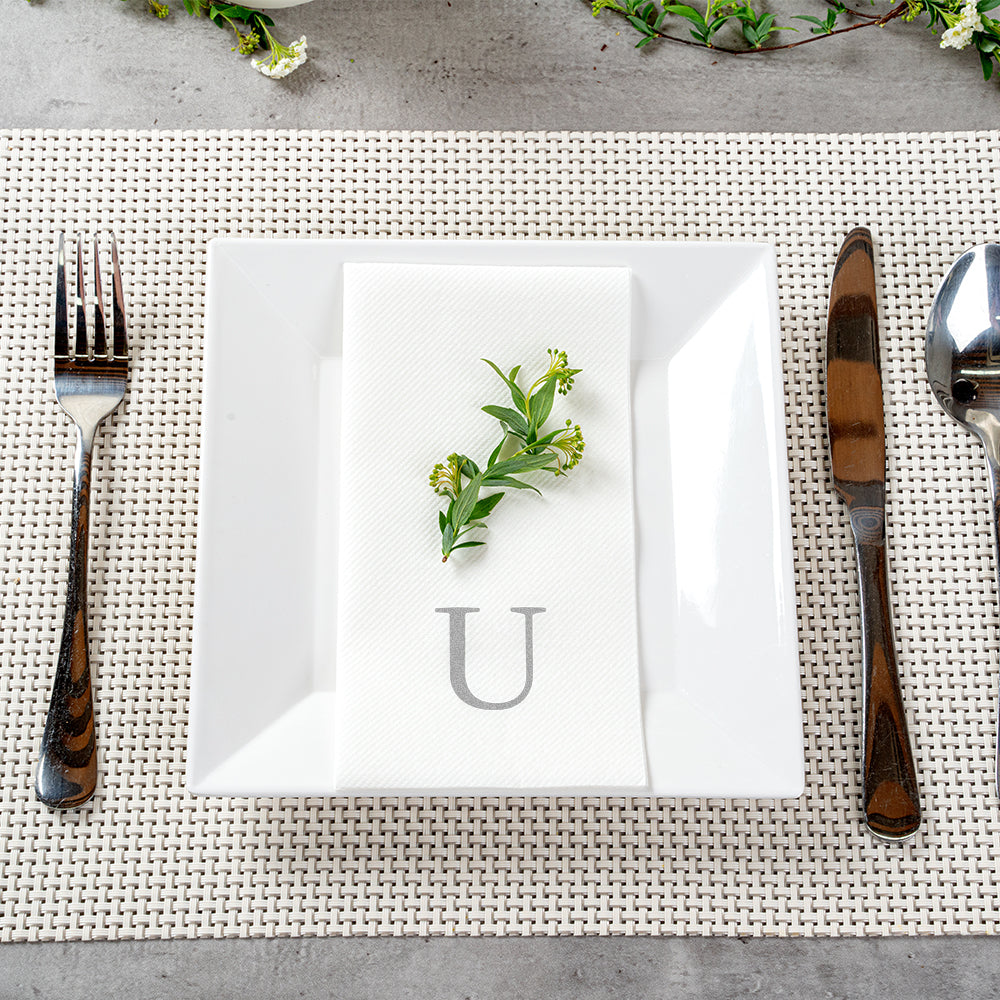 Luxenap Rectangle Silver Letter U White Paper Linen-Feel Guest Towel / Napkin - Air Laid, Sans Serif Font - 15 3/4" x 8" - 50 count box