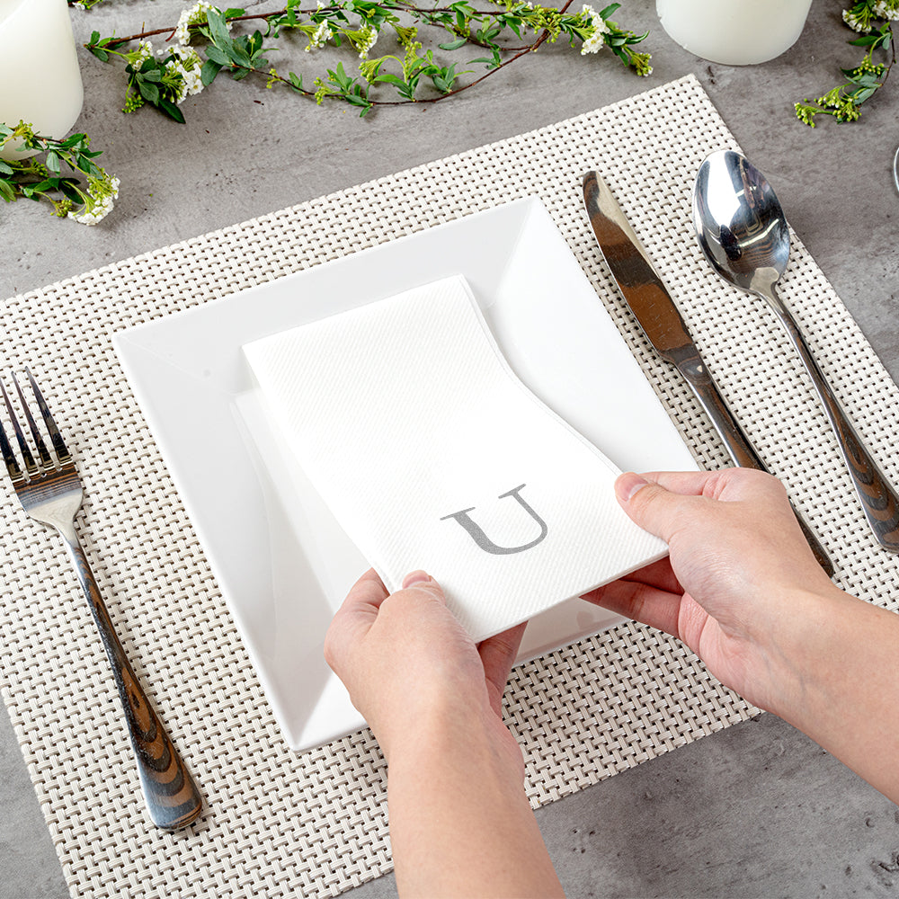 Luxenap Rectangle Silver Letter U White Paper Linen-Feel Guest Towel / Napkin - Air Laid, Sans Serif Font - 15 3/4" x 8" - 50 count box