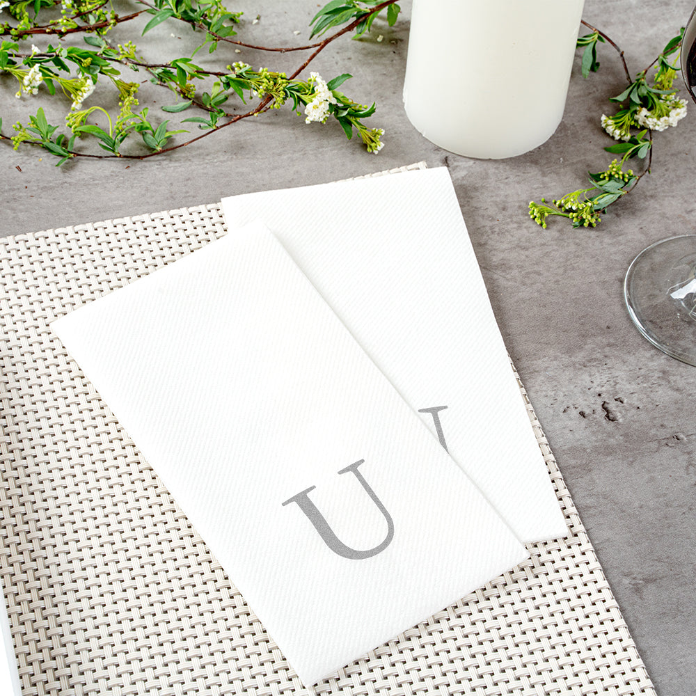 Luxenap Rectangle Silver Letter U White Paper Linen-Feel Guest Towel / Napkin - Air Laid, Sans Serif Font - 15 3/4" x 8" - 2000 count box