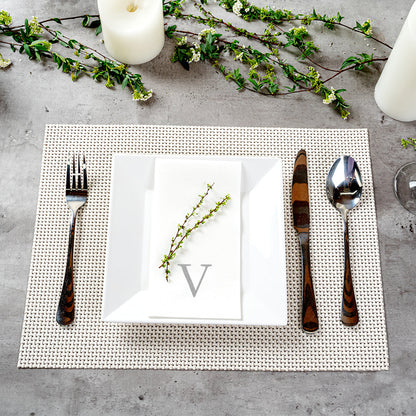 Luxenap Rectangle Silver Letter V White Paper Linen-Feel Guest Towel / Napkin - Air Laid, Sans Serif Font - 15 3/4" x 8" - 50 count box