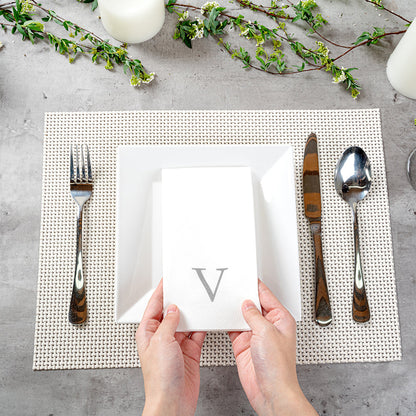Luxenap Rectangle Silver Letter V White Paper Linen-Feel Guest Towel / Napkin - Air Laid, Sans Serif Font - 15 3/4" x 8" - 50 count box