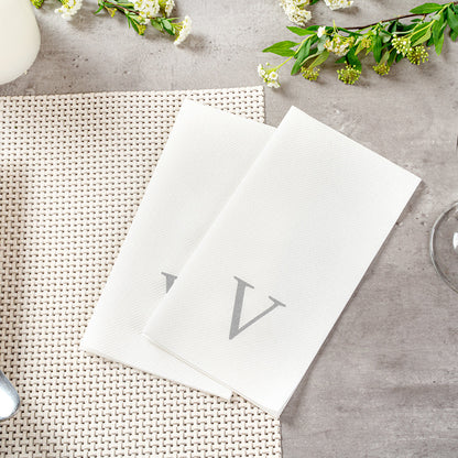Luxenap Rectangle Silver Letter V White Paper Linen-Feel Guest Towel / Napkin - Air Laid, Sans Serif Font - 15 3/4" x 8" - 50 count box