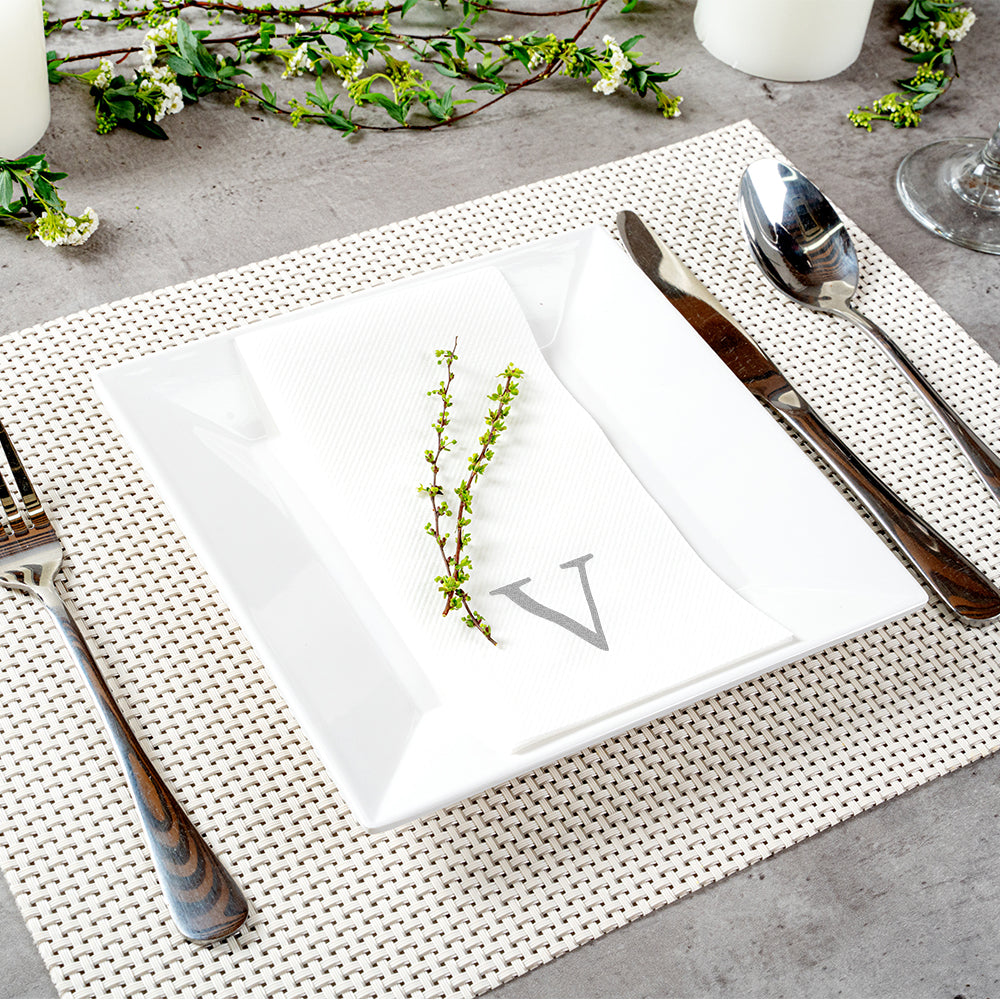 Luxenap Rectangle Silver Letter V White Paper Linen-Feel Guest Towel / Napkin - Air Laid, Sans Serif Font - 15 3/4" x 8" - 50 count box