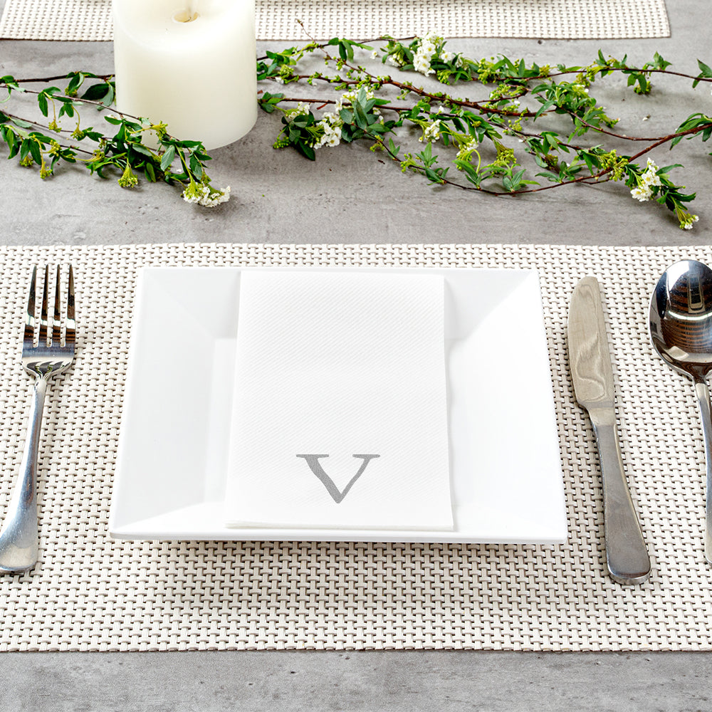 Luxenap Rectangle Silver Letter V White Paper Linen-Feel Guest Towel / Napkin - Air Laid, Sans Serif Font - 15 3/4" x 8" - 50 count box