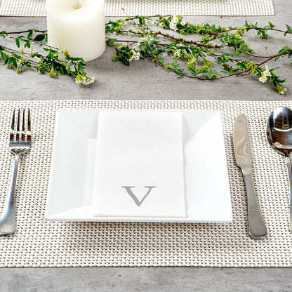 Luxenap Rectangle Silver Letter V White Paper Linen-Feel Guest Towel / Napkin - Air Laid, Sans Serif Font - 15 3/4" x 8" - 50 count box