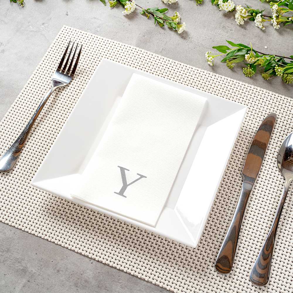 Luxenap Rectangle Silver Letter Y White Paper Linen-Feel Guest Towel / Napkin - Air Laid, Sans Serif Font - 15 3/4" x 8" - 50 count box