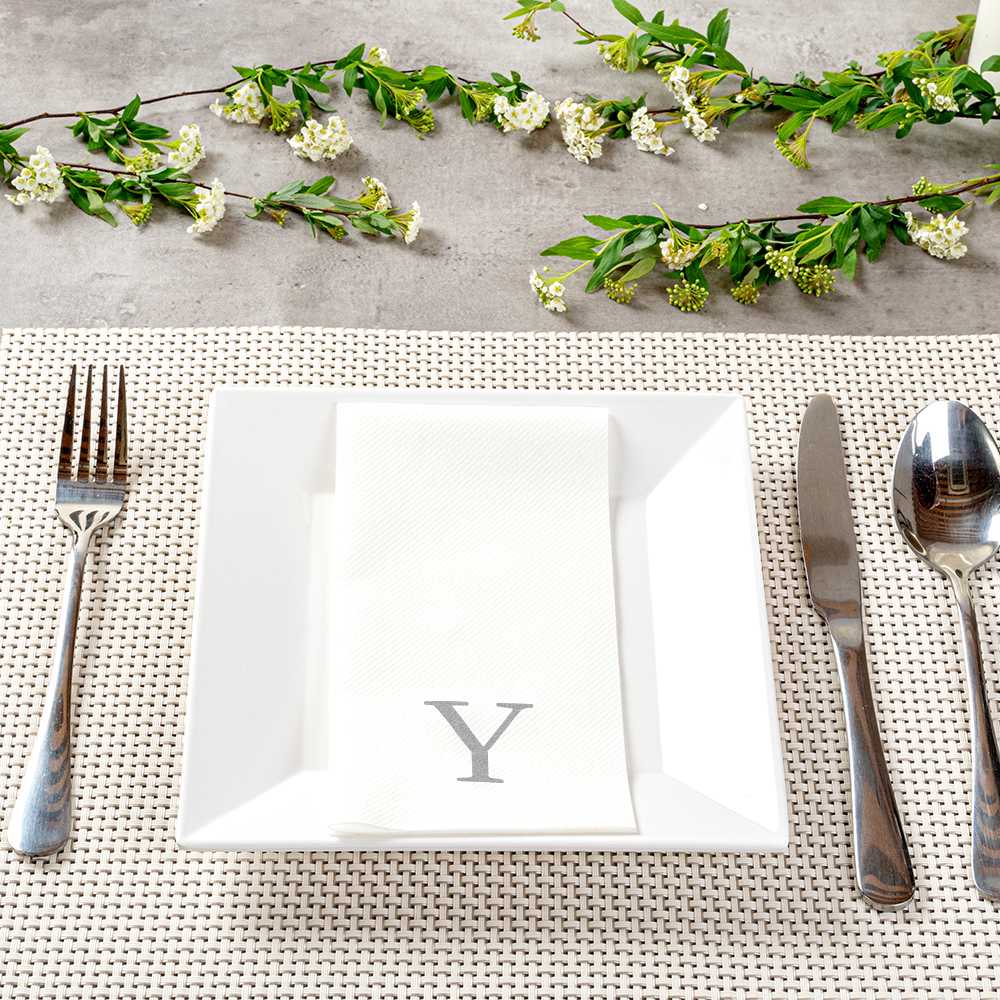 Luxenap Rectangle Silver Letter Y White Paper Linen-Feel Guest Towel / Napkin - Air Laid, Sans Serif Font - 15 3/4" x 8" - 50 count box