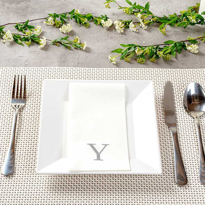 Luxenap Rectangle Silver Letter Y White Paper Linen-Feel Guest Towel / Napkin - Air Laid, Sans Serif Font - 15 3/4" x 8" - 50 count box