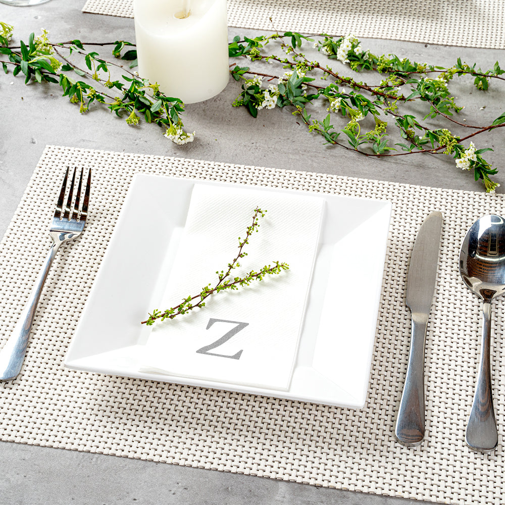 Luxenap Rectangle Silver Letter Z White Paper Linen-Feel Guest Towel / Napkin - Air Laid, Sans Serif Font - 15 3/4" x 8" - 50 count box