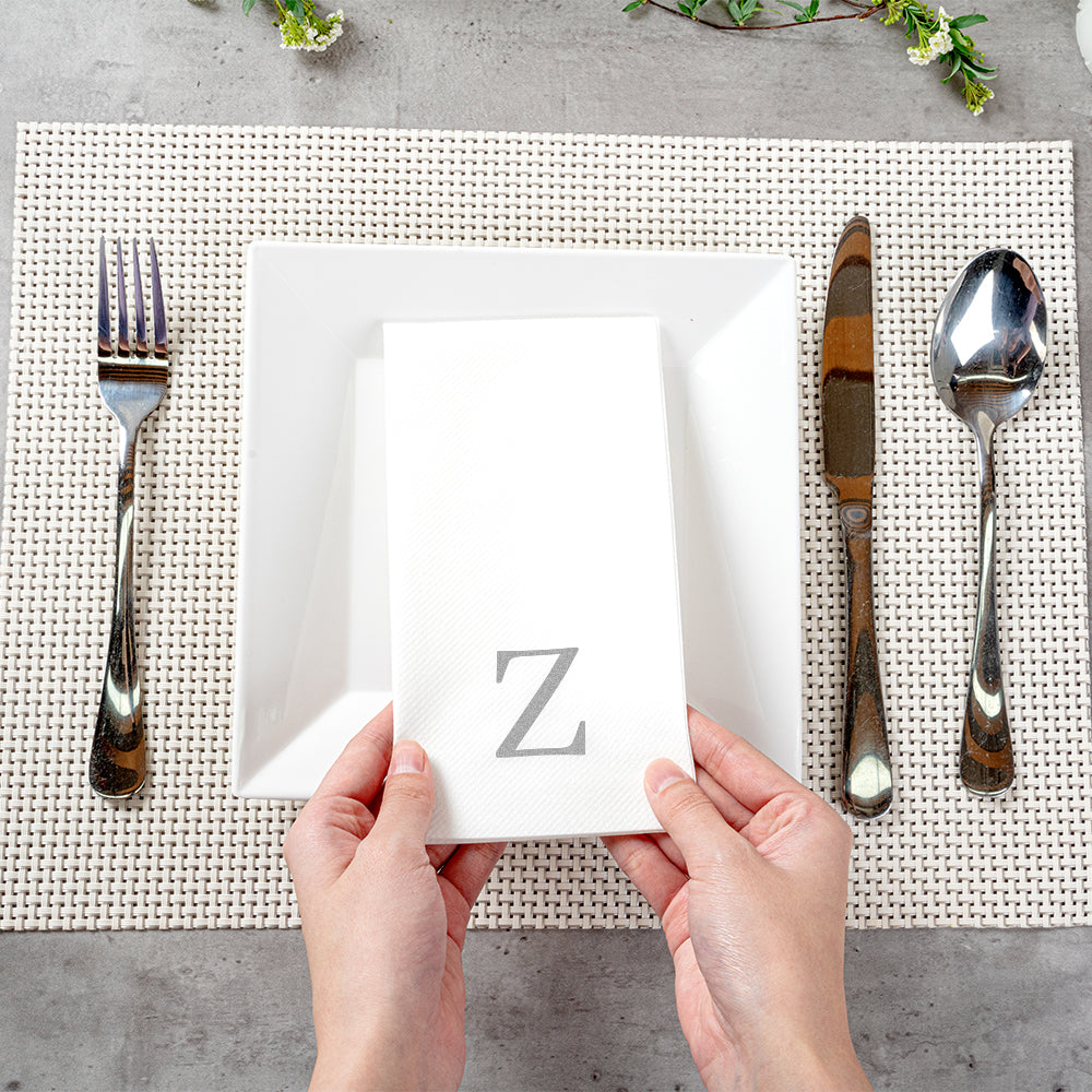 Luxenap Rectangle Silver Letter Z White Paper Linen-Feel Guest Towel / Napkin - Air Laid, Sans Serif Font - 15 3/4" x 8" - 50 count box