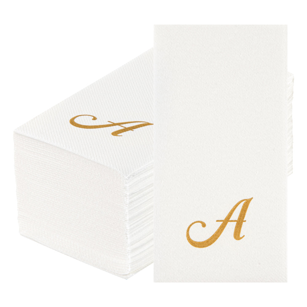Luxenap Rectangle Gold Letter A White Paper Linen-Feel Guest Towel / Napkin - Air Laid, Cursive Font - 15 3/4" x 8" - 50 count box