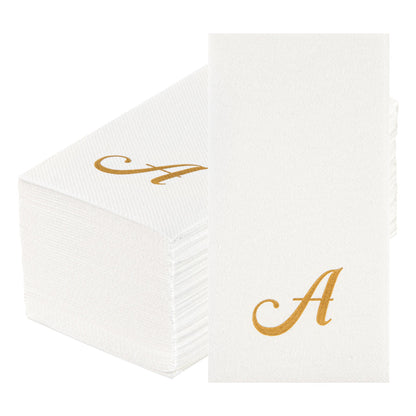 Luxenap Rectangle Gold Letter A White Paper Linen-Feel Guest Towel / Napkin - Air Laid, Cursive Font - 15 3/4" x 8" - 50 count box