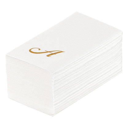 Luxenap Rectangle Gold Letter A White Paper Linen-Feel Guest Towel / Napkin - Air Laid, Cursive Font - 15 3/4" x 8" - 50 count box