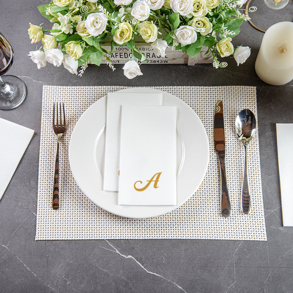Luxenap Rectangle Gold Letter A White Paper Linen-Feel Guest Towel / Napkin - Air Laid, Cursive Font - 15 3/4" x 8" - 50 count box