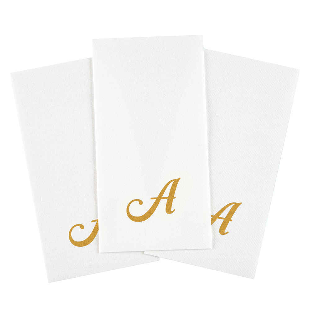 Luxenap Rectangle Gold Letter A White Paper Linen-Feel Guest Towel / Napkin - Air Laid, Cursive Font - 15 3/4" x 8" - 50 count box