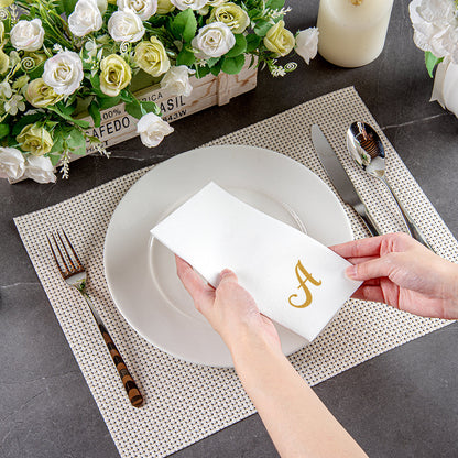Luxenap Rectangle Gold Letter A White Paper Linen-Feel Guest Towel / Napkin - Air Laid, Cursive Font - 15 3/4" x 8" - 50 count box