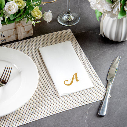 Luxenap Rectangle Gold Letter A White Paper Linen-Feel Guest Towel / Napkin - Air Laid, Cursive Font - 15 3/4" x 8" - 50 count box