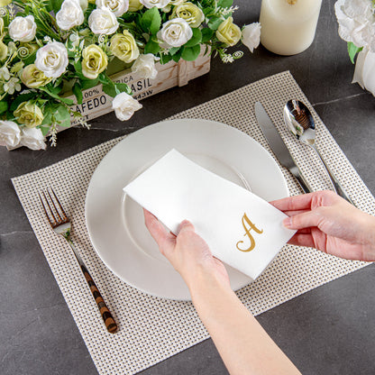 Luxenap Rectangle Gold Letter A White Paper Linen-Feel Guest Towel / Napkin - Air Laid, Cursive Font - 15 3/4" x 8" - 2000 count box