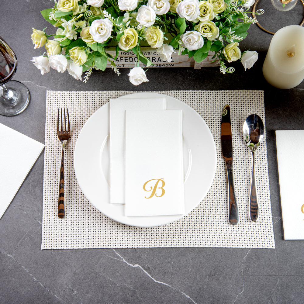 Luxenap Rectangle Gold Letter B White Paper Linen-Feel Guest Towel / Napkin - Air Laid, Cursive Font - 15 3/4" x 8" - 2000 count box