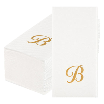 Luxenap Rectangle Gold Letter B White Paper Linen-Feel Guest Towel / Napkin - Air Laid, Cursive Font - 15 3/4" x 8" - 50 count box