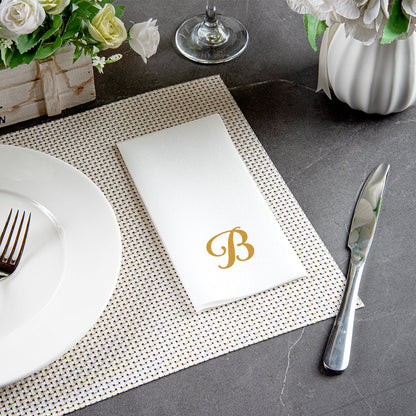 Luxenap Rectangle Gold Letter B White Paper Linen-Feel Guest Towel / Napkin - Air Laid, Cursive Font - 15 3/4" x 8" - 50 count box