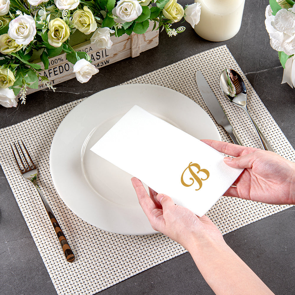 Luxenap Rectangle Gold Letter B White Paper Linen-Feel Guest Towel / Napkin - Air Laid, Cursive Font - 15 3/4" x 8" - 50 count box