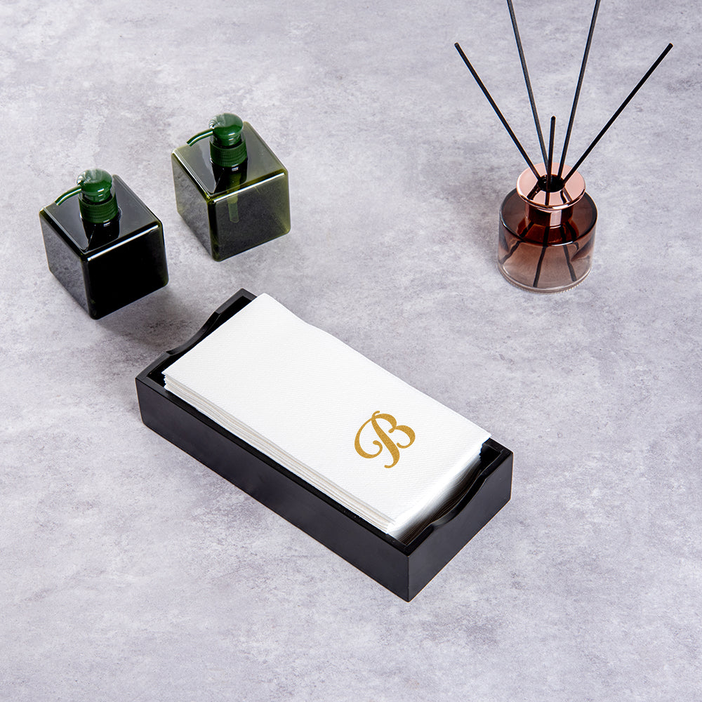 Luxenap Rectangle Gold Letter B White Paper Linen-Feel Guest Towel / Napkin - Air Laid, Cursive Font - 15 3/4" x 8" - 50 count box