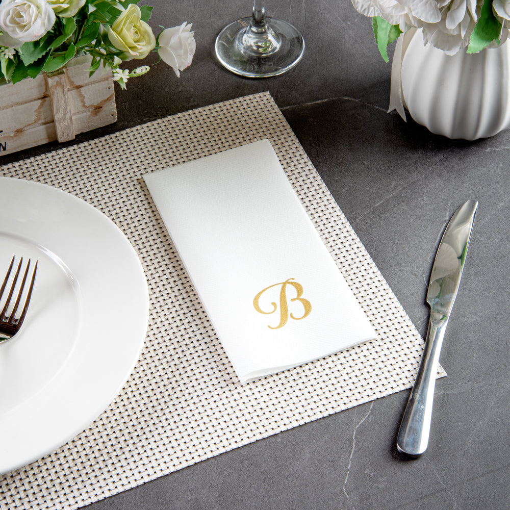 Luxenap Rectangle Gold Letter B White Paper Linen-Feel Guest Towel / Napkin - Air Laid, Cursive Font - 15 3/4" x 8" - 2000 count box