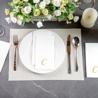Luxenap Rectangle Gold Letter C White Paper Linen-Feel Guest Towel / Napkin - Air Laid, Cursive Font - 15 3/4" x 8" - 2000 count box