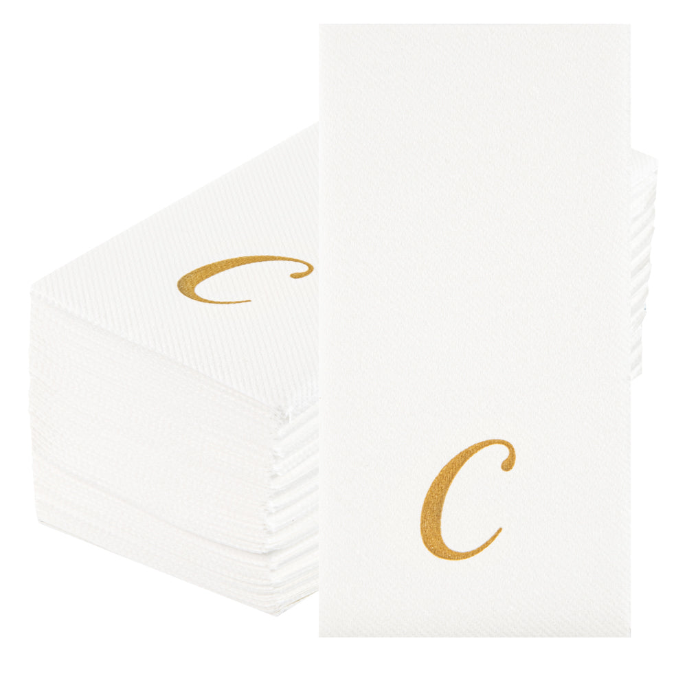 Luxenap Rectangle Gold Letter C White Paper Linen-Feel Guest Towel / Napkin - Air Laid, Cursive Font - 15 3/4" x 8" - 50 count box