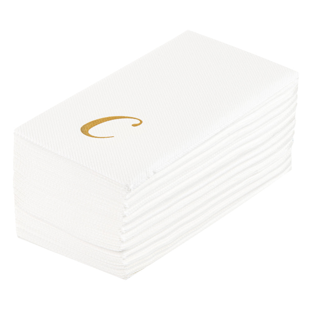 Luxenap Rectangle Gold Letter C White Paper Linen-Feel Guest Towel / Napkin - Air Laid, Cursive Font - 15 3/4" x 8" - 50 count box