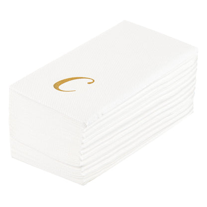 Luxenap Rectangle Gold Letter C White Paper Linen-Feel Guest Towel / Napkin - Air Laid, Cursive Font - 15 3/4" x 8" - 50 count box