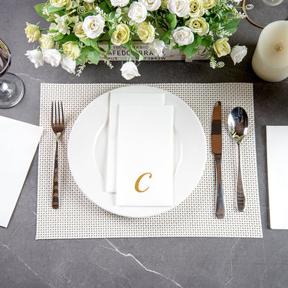 Luxenap Rectangle Gold Letter C White Paper Linen-Feel Guest Towel / Napkin - Air Laid, Cursive Font - 15 3/4" x 8" - 50 count box