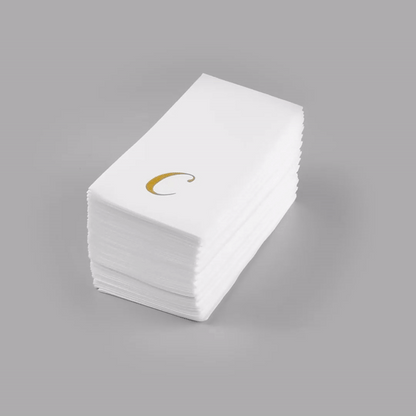 Luxenap Rectangle Gold Letter C White Paper Linen-Feel Guest Towel / Napkin - Air Laid, Cursive Font - 15 3/4" x 8" - 50 count box
