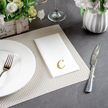 Luxenap Rectangle Gold Letter C White Paper Linen-Feel Guest Towel / Napkin - Air Laid, Cursive Font - 15 3/4" x 8" - 50 count box
