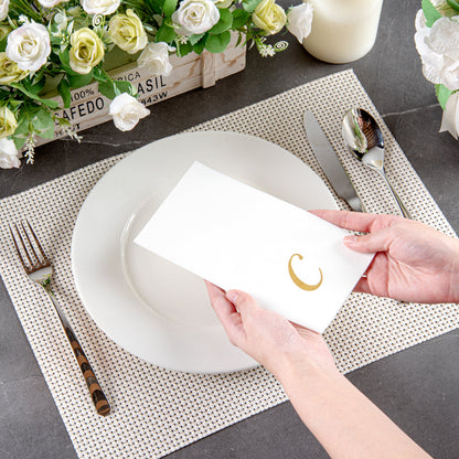 Luxenap Rectangle Gold Letter C White Paper Linen-Feel Guest Towel / Napkin - Air Laid, Cursive Font - 15 3/4" x 8" - 50 count box