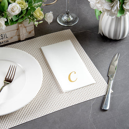 Luxenap Rectangle Gold Letter C White Paper Linen-Feel Guest Towel / Napkin - Air Laid, Cursive Font - 15 3/4" x 8" - 2000 count box