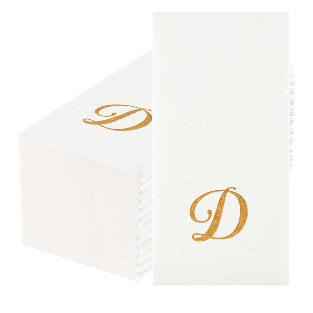 Luxenap Rectangle Gold Letter D White Paper Linen-Feel Guest Towel / Napkin - Air Laid, Cursive Font - 15 3/4" x 8" - 50 count box