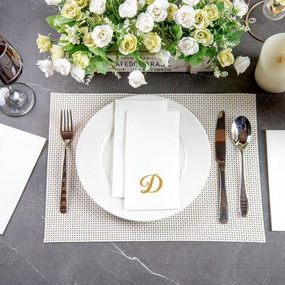 Luxenap Rectangle Gold Letter D White Paper Linen-Feel Guest Towel / Napkin - Air Laid, Cursive Font - 15 3/4" x 8" - 50 count box